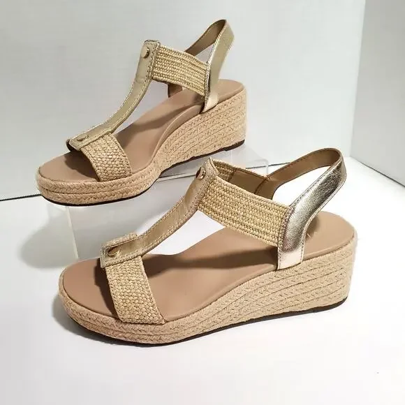 Vionic Calera Platform Sandals Womens 9 Gold Leather Espadrille Ankle Strap 2.5" - Picture 2 of 16